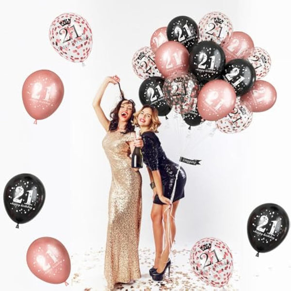 21st Birthday Decorations for Her, 15 Pcs Happy 21st Birthday Balloons Latex Helium Black Rose Gold Confetti Balloons for Girls Women Age 21 Years Old Birthday Celebration Party Decorations Supplies