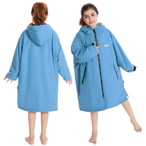 Hiturbo Kids Waterproof Changing Robe: Windproof Warm Swim Robe Oversized Surf Coat with Thick Fleece Lining Blue