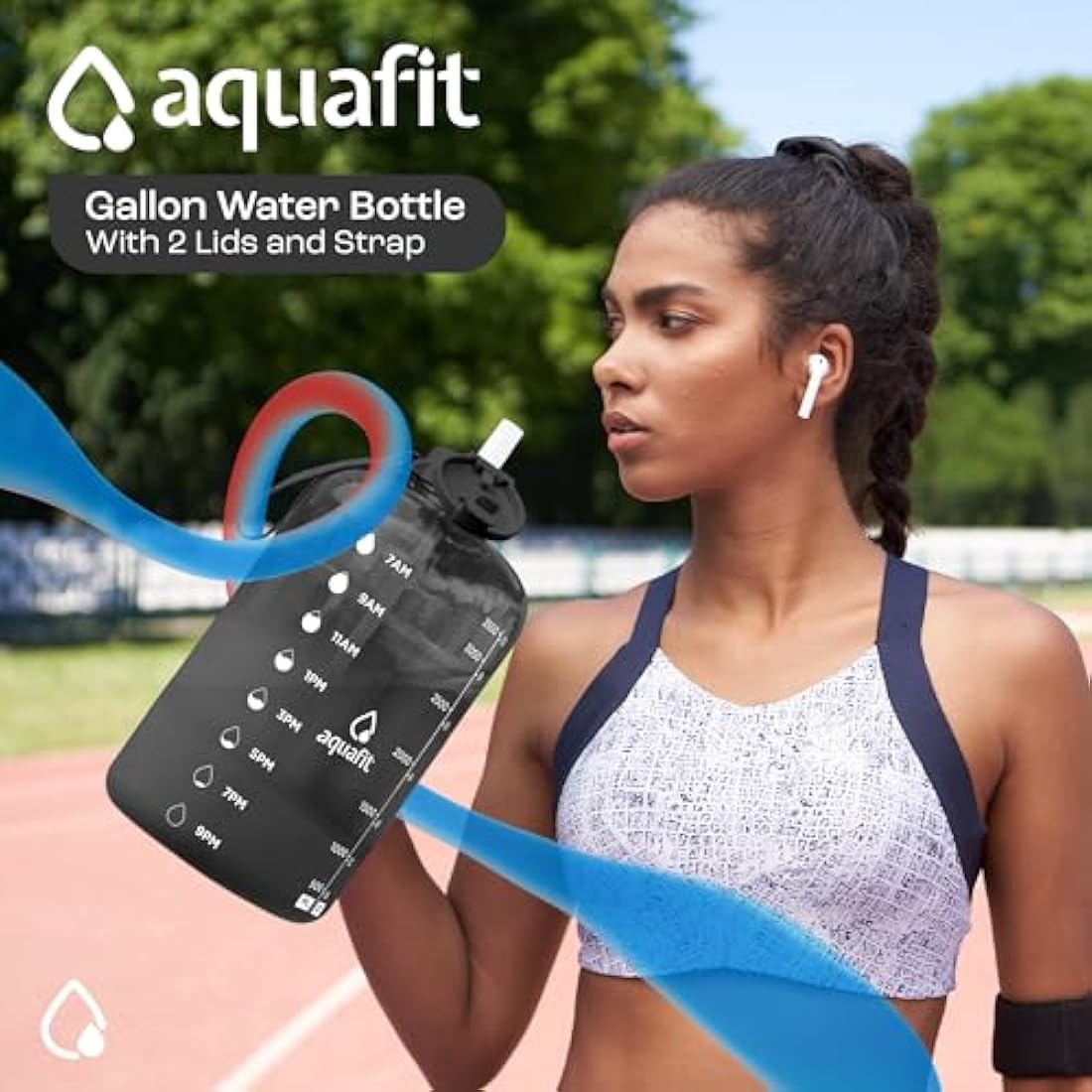 AQUAFIT 4 Litre Water Bottle with Straw - Water Bottle 4L with Time Marker - One Gallon Big Bottle with Straw - Large Bottle For Gym - 2 Lids, Grey Fade
