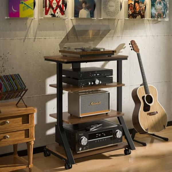 5Rcom HiFi Racks and Stands Audio Rack Cabinet AV Shelf Movement Stand 4 Tiers Wooden Shelves for Turntable Record Player DVD Entertainment Unit Multifunctional Height Adjustable Load Capacity 54KG