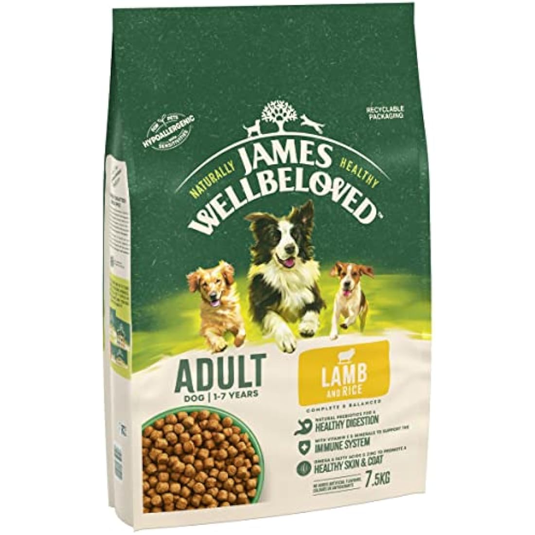 James Wellbeloved Complete Dry Adult Dog Food Lamb and Rice, 7.5 kg