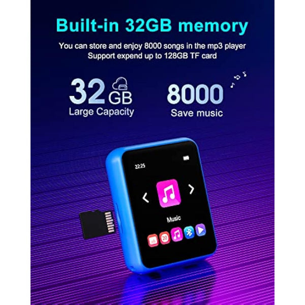 32GB MP3 Player with Bluetooth 5.0, Portable HiFi Lossless Sound MP3 Music Player and FM Radio, Voice Recorder, E-Book, Pedometer, 2.4 Inch Full Touch Screen Sports MP3 Player, Maximum Support 128GB