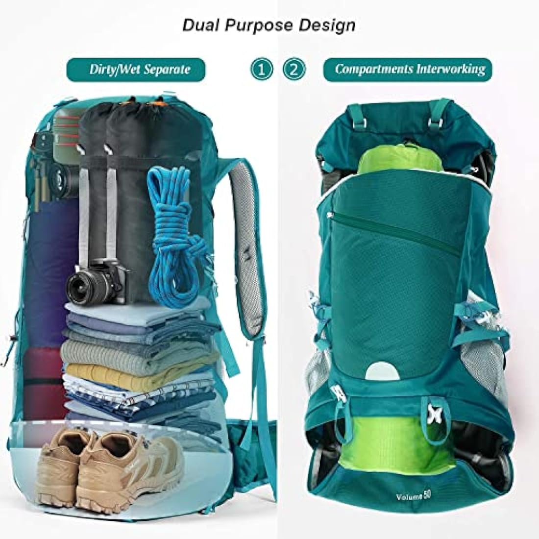 HOMIEE 50L Waterproof Hiking Backpack for Men Women, Lightweight Trekking Backpack with Rain Cover, Large Camping Rucksack for Outdoor Sports Travel Hiking Cycling Climbing Mountaineering