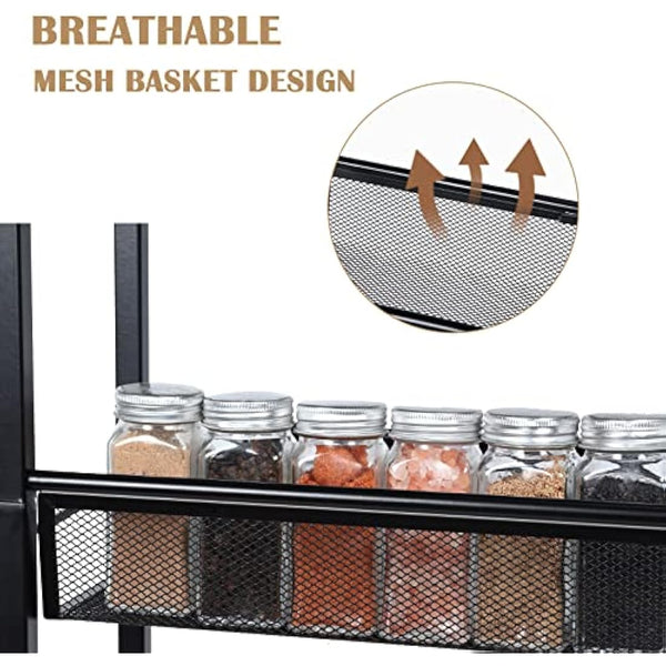 4-Tier Storage Trolley Cart, Slim Storage Trolley, Narrow Storage Unit, Rolling Cart Storage Organizer on Wheels, Mesh Basket Shelf with Handles for Office Bathroom Kitchen Laundry Room