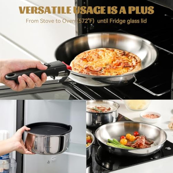 ROYDX 18/10 Stainless Steel Pan Set with Detachable Handles, 16 Piece Stackable Saucepan Set with Steamer, 24cm / 26cm Frying Pans with Pot for All Stoves inclu.Induction and Gas, Oven Proof
