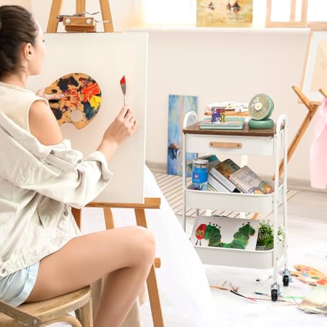 DOEWORKS Storage Trolley on Wheels Metal 3-Tier Trolley Cart with Drawer Rolling Kitchen Trolleys Beauty Trolleys with Leather Handle for Room Bathroom Office, White