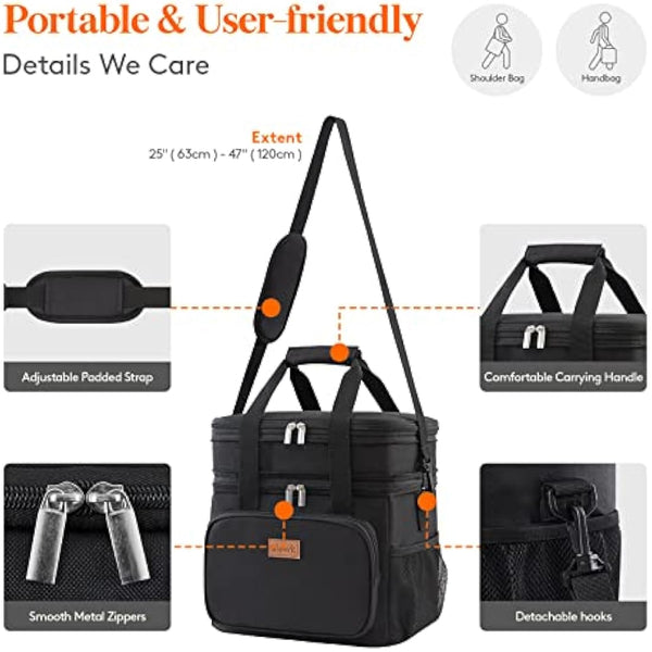 Lifewit 21L 30Can Lunch Box for Men Women Double Deck Lunch Bag, Large Insulated Soft Cooler Bag, Leakproof Soft Meal Prep Lunch Tote with Shoulder Strap for Adults for Work/Picnic/School, Black