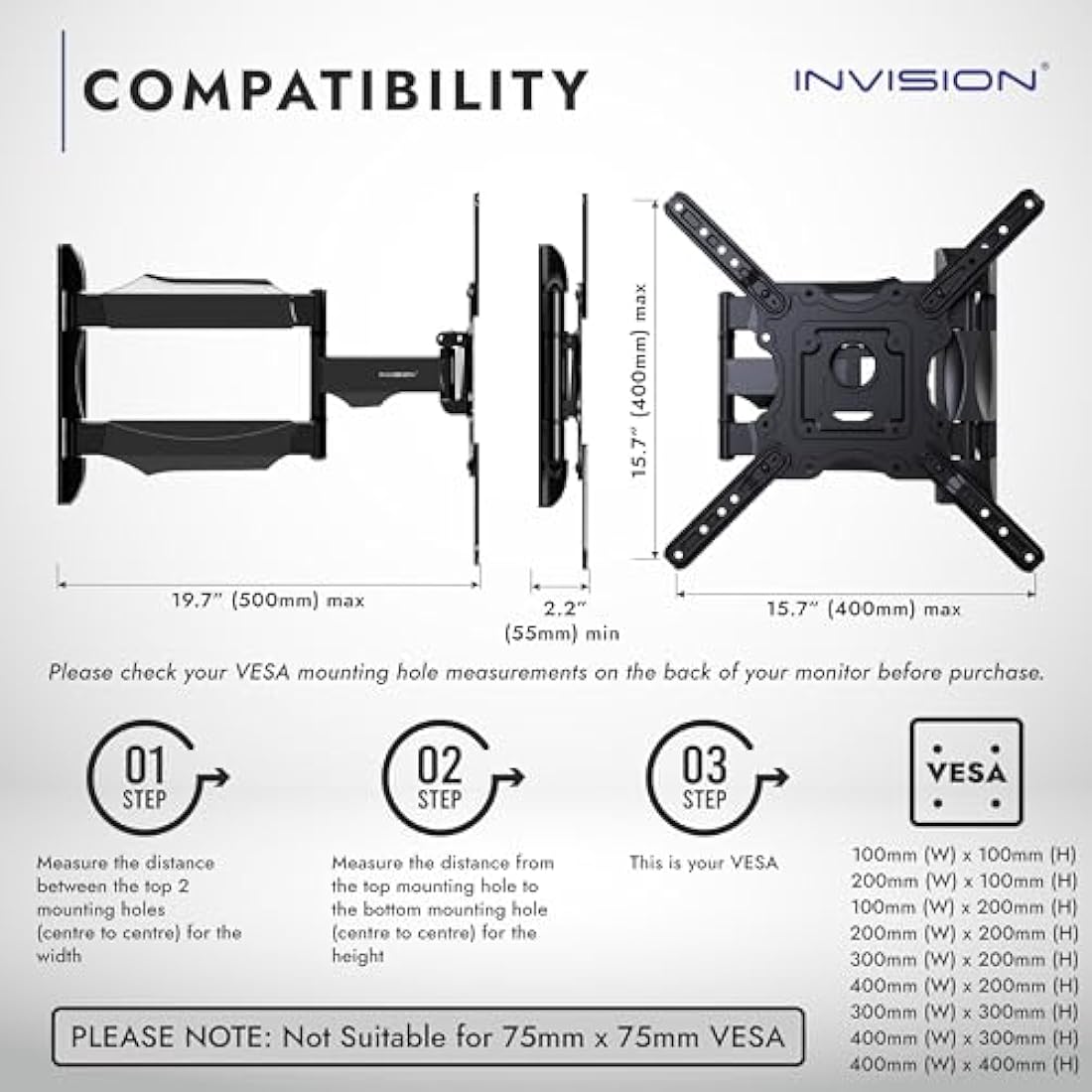 Invision TV Wall Bracket Mount for 24-60 Inch Screens, VESA 100x100mm up to 400x400mm, Tilts Swivels & Extends for Flat & Curved TVs, Includes Spirit Level, Weight Capacity 36.2kg (HDTV-E)