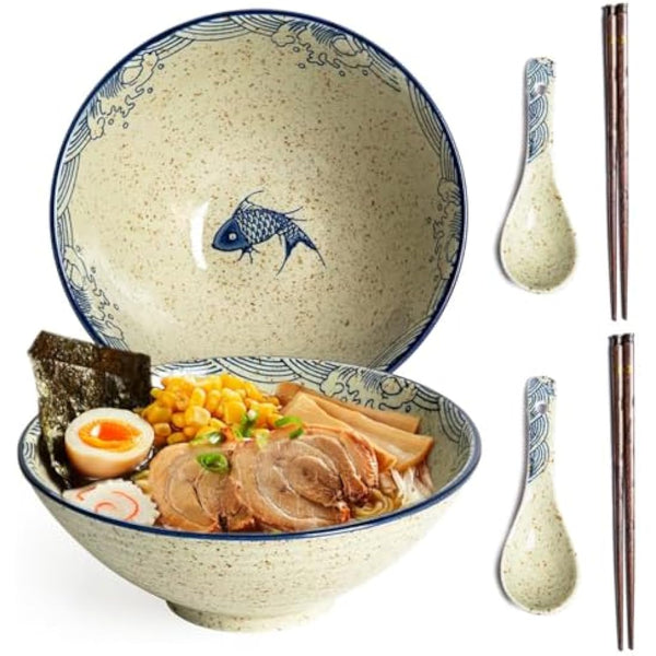 HLWDXno1 Ramen Bowl Set of 2 Ceramic Noodle Bowl with Chopsticks & Spoons 1200ml Large Soup Bowls Japanese Style Retro Porcelain Microwave Tableware Ramen Gift Set for Salad,Pho,Pasta,Udon, Fish