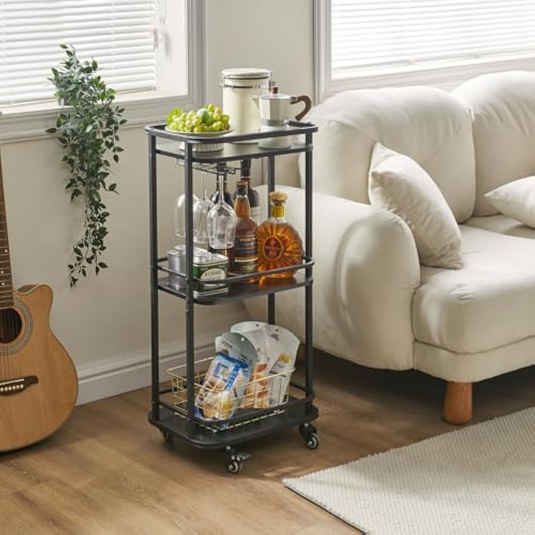 IBUYKE 3-Tier Home Bar Serving Cart,Kitchen Storage Carts With Wheels,11.79x15.72x33.01 inches,Rolling Mini Bar Cart for Home, Outdoor, Kitchen, Bedroom, Living Room TMJ319B
