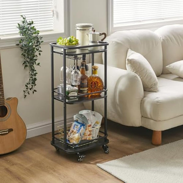 IBUYKE 3-Tier Home Bar Serving Cart,Kitchen Storage Carts With Wheels,11.79x15.72x33.01 inches,Rolling Mini Bar Cart for Home, Outdoor, Kitchen, Bedroom, Living Room TMJ319B