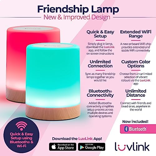 LuvLink Friendship Lamp v2 Extended WiFi Range - Simple Bluetooth Setup (Set of Two)