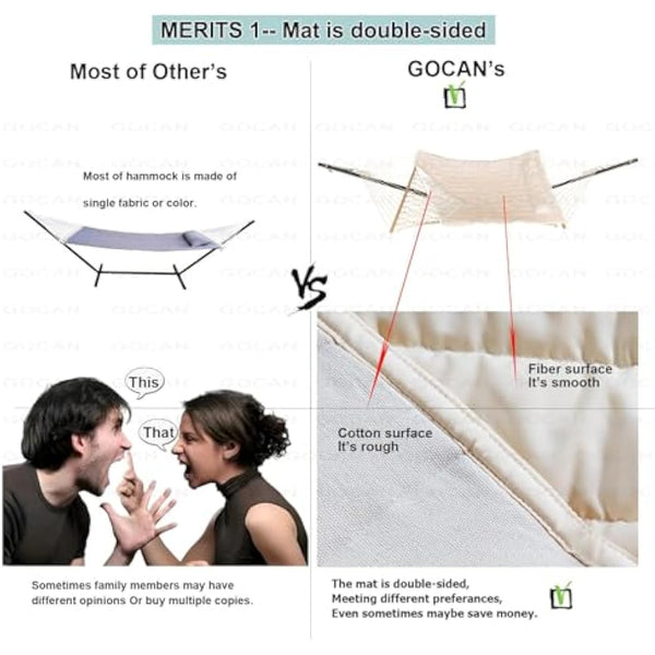 GOCAN Mesh Hammock,Cotton Rope hammocks with Pad Chains Hooks Tree Straps fit Stands from 9' to 15' for Outside Indoor Patio Yard