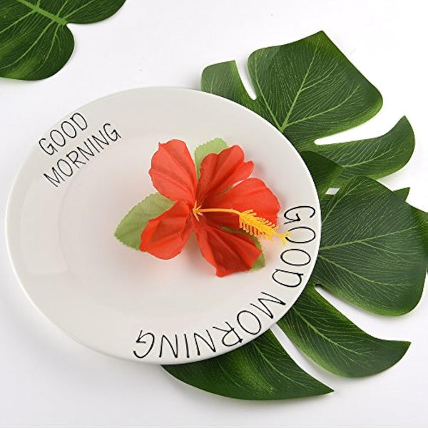 KUUQA 60 Pcs Tropical Party Decoration Supplies 8" Tropical Palmtera Leaves and Hibiscus Flowers, Simulation Leaf for Hawaiian Luau Party Jungle Beach Theme Table Decorations