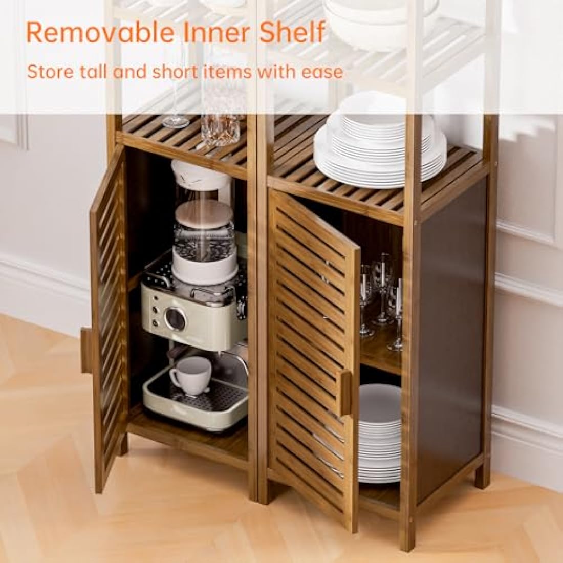 HITNET Bathroom Storage Cabinet Bamboo, Tall Narrow Space Saver Organizer Floor Standing for Kitchen, 4 Open Shelves and 1 Cupboard with Door, Walnut