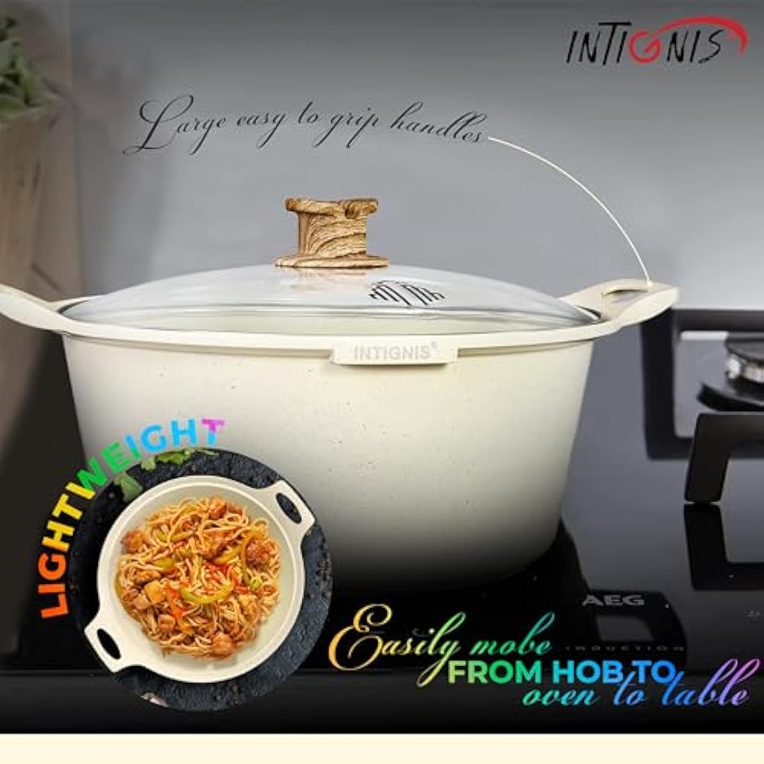 INTIGNIS® Casserole Pot with lid – Large 32cm | 10 Litre | 15 Inches – Induction Compatible – GREBLON Ceramic Non Stick Chemical Free Coating White