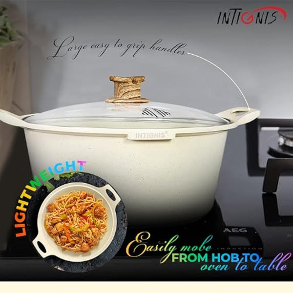 INTIGNIS® Casserole Pot with lid – Large 32cm | 10 Litre | 15 Inches – Induction Compatible – GREBLON Ceramic Non Stick Chemical Free Coating White