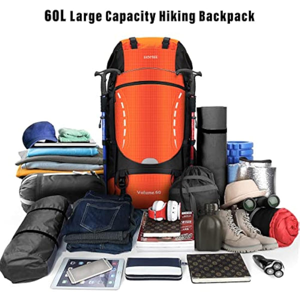 HOMIEE Hiking Backpack for Men Women, 60L Waterproof Rucksack with Rain Cover, Large Travel Backpack for Outdoor Sports Trekking Skiing Camping, Orange (LB6001)