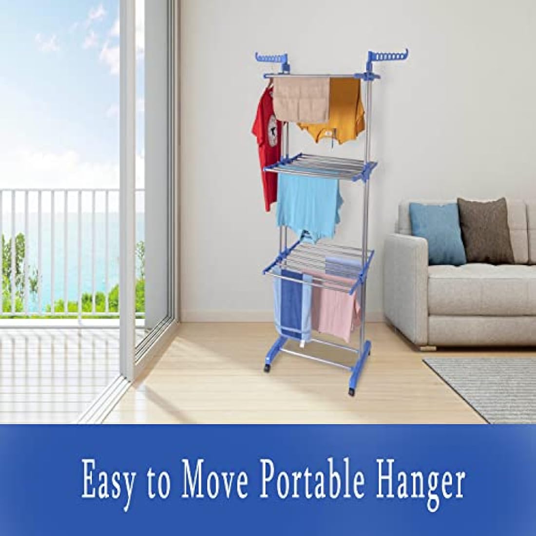 IFJA 4 Tier Airer Clothes Drying Rack | Adjustable Rolling Stainless Steel Laundry Rack Stand with Foldable Wings Casters for Indoor Outdoor | Garments Blue Hanger with Retractable Trays | 74x170x48cm