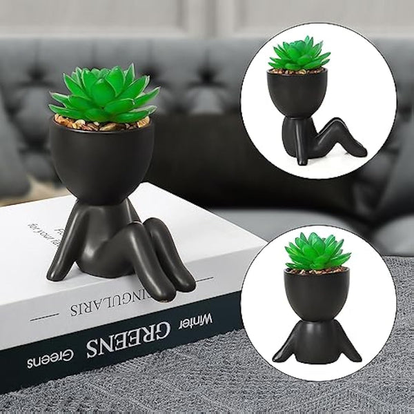 Dremisland Fake Succulents Plants Set of 3 Black Porcelain Pots with Small Artificial Plants Human Shaped Ceramic Pots Cute Faux Plant for Indoors Office Desk Shelf Decorations
