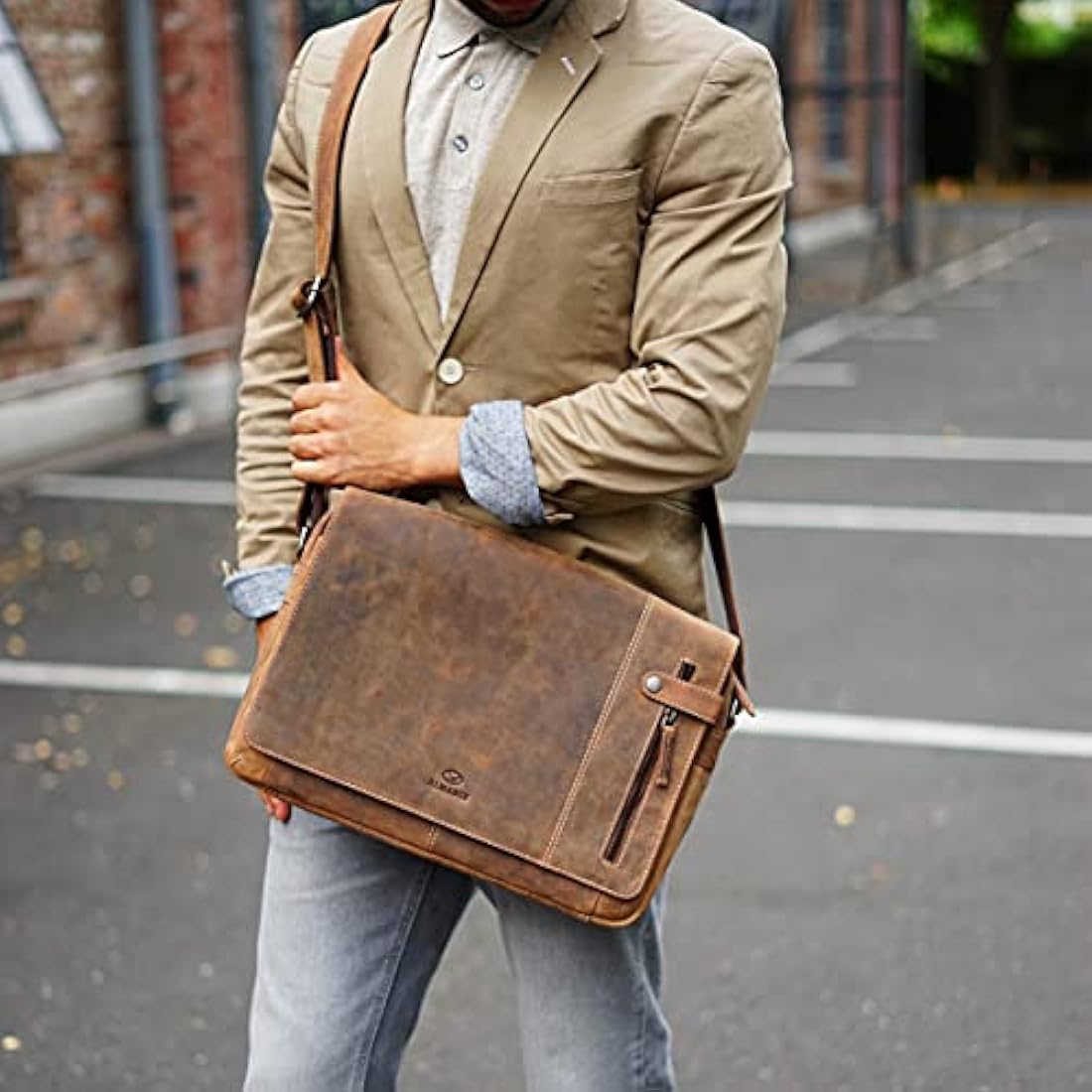 ALMADIH Genuine Leather Shoulder Bag Vintage 15" Laptop - DYLAN Messenger men brown - Satchel Business Bag Briefcase Uni College School teacher work Tote Bag Cross-Body Courier