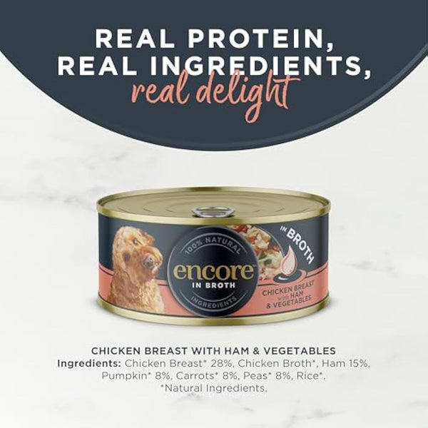 Encore 100% Natural Wet Dog Food, Chicken Breast with Ham and Vegetables in 156g Tin (Pack of 12)