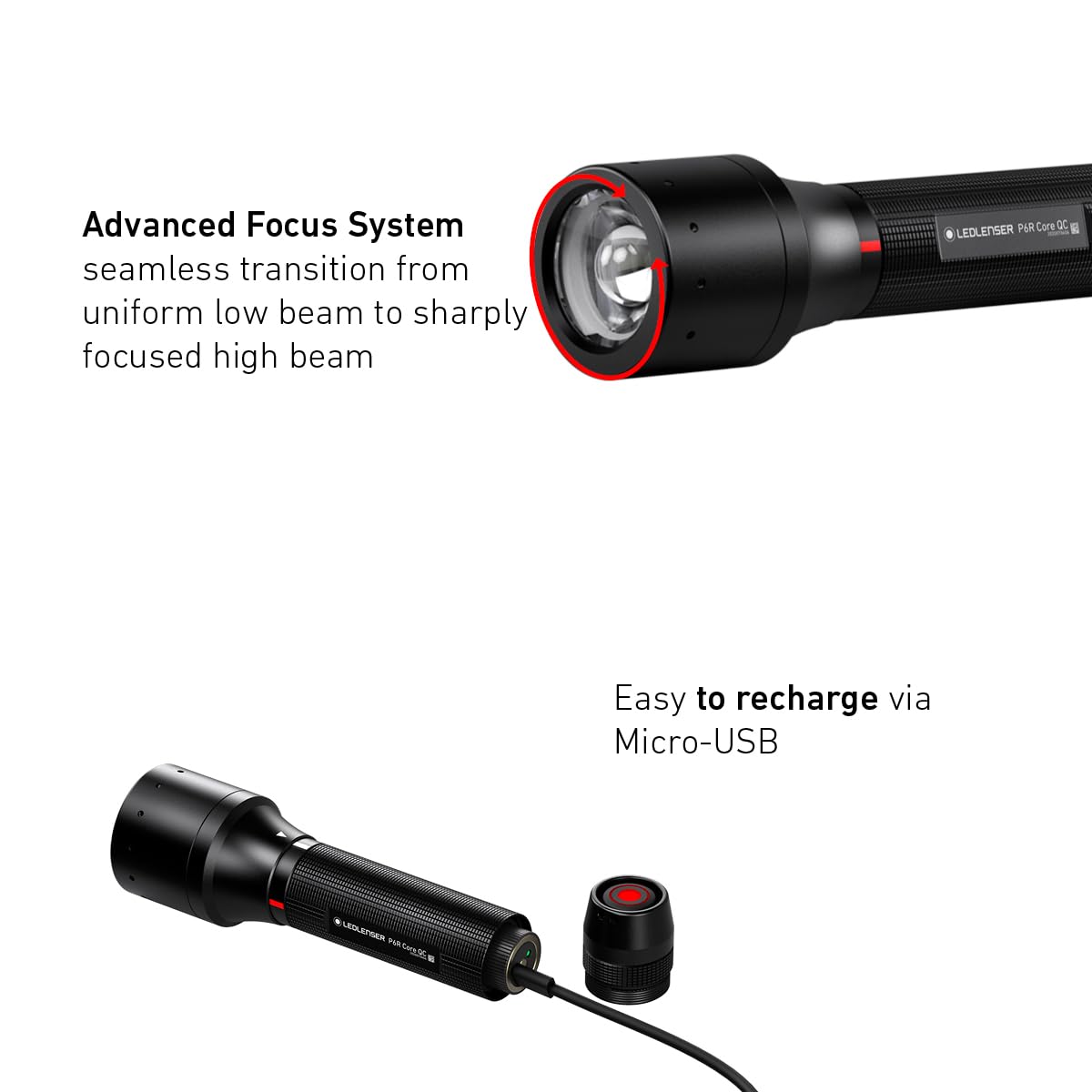 Ledlenser P7R torch LED, 1000 lumens, rechargeable Lithium 18650 battery, 210m long distance beam, focusable, up to zu 40h runtime, incl. magnetic charging system and wall mounting, Flashlight