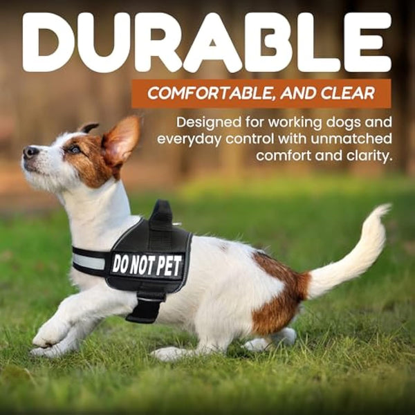 DO NOT PET Dog Vest Harness with Removable Patches and Reflective Trim. Comes with 2 DO NOT PET Reflective Removable Patches. Please Measure Dogs Girth Before Purchase