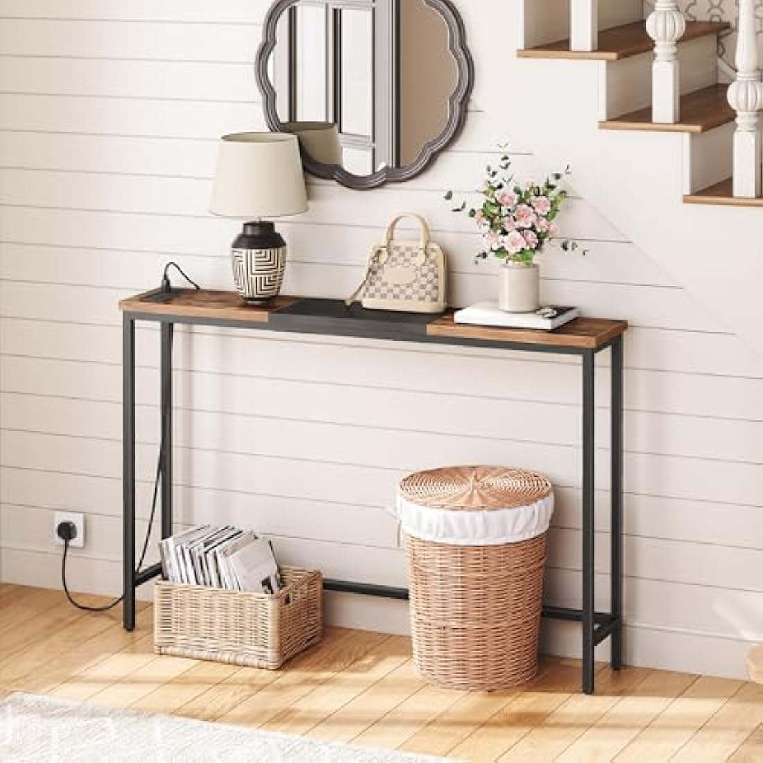 HOOBRO Console Table with Charging Station,114 cm Behind Sofa Table, Slim Console Table for Hallway, with Power Outlet, for Entryway, Living Room, Small Spaces, Rustic Brown and Black EBF114KXG01
