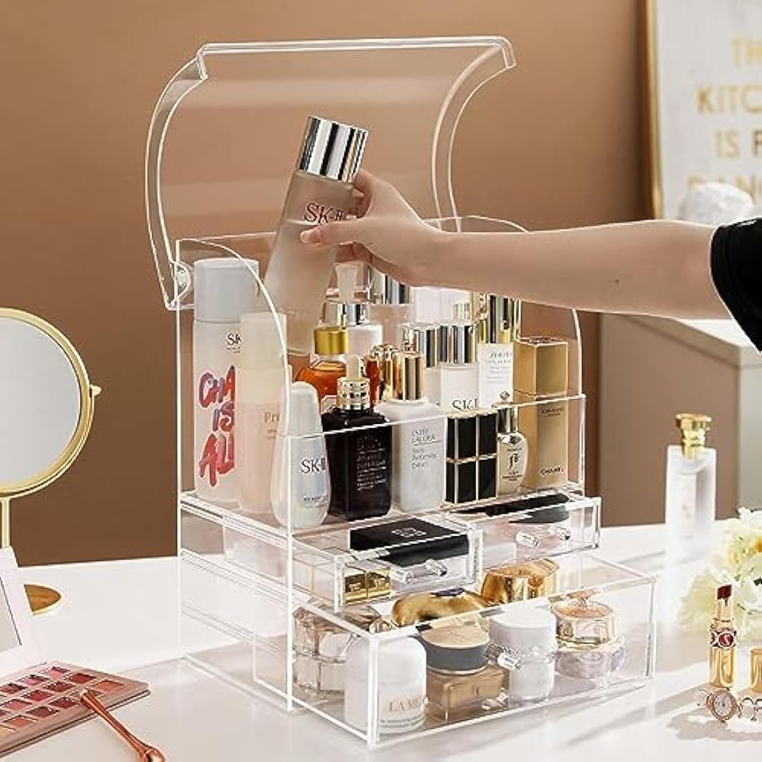 Suyoo Makeup Organiser Storage, X-Large Acrylic Clear Cosmetics Storage Display Case with Drawers, Perfume Makeup Organiser Box with Waterproof Cover for Counter, Bathroom, Dresser(Clear-XL)