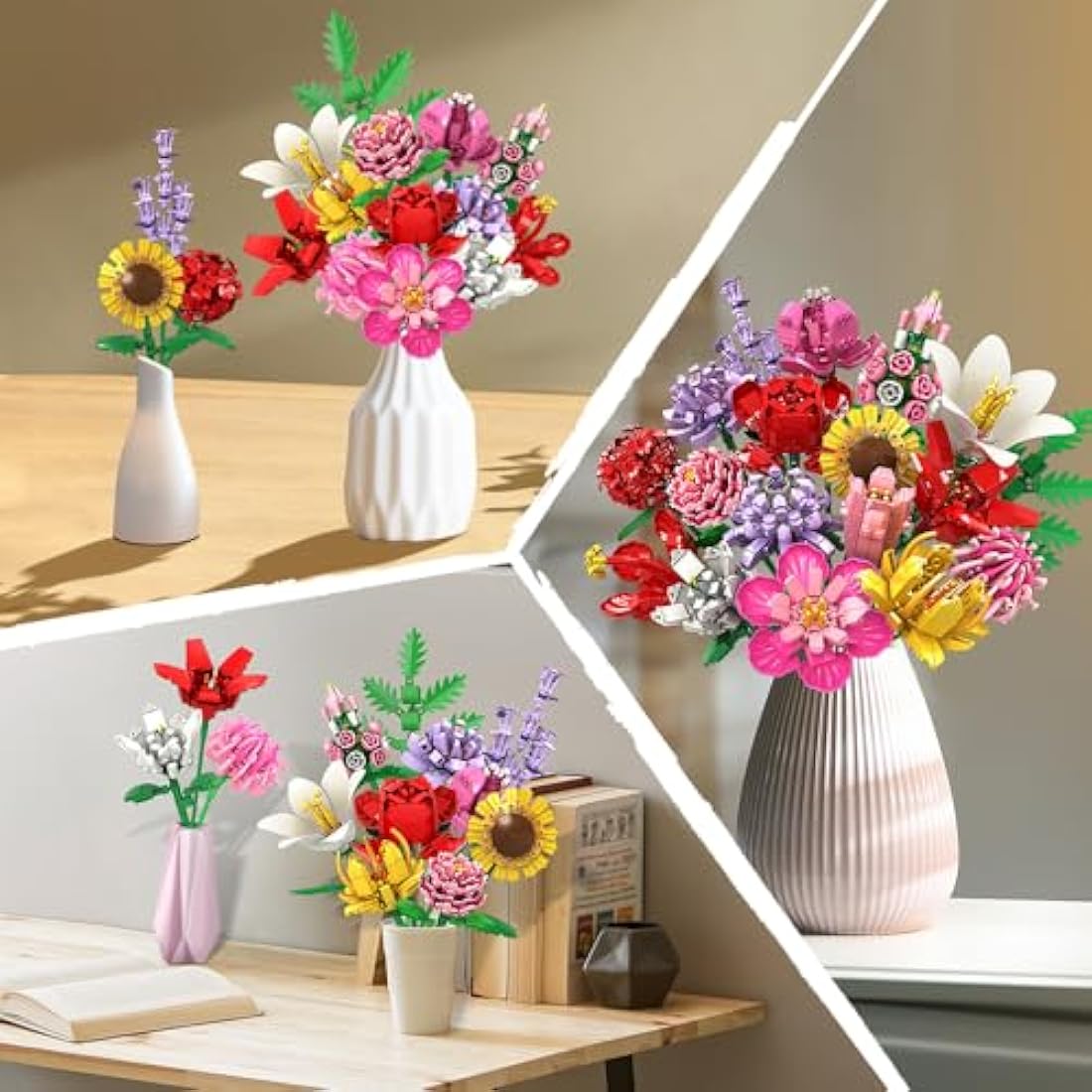 HOGOKIDS Flower Bouquet Set for Mother's Day - 1464PCS Artificial Flowers Botanical Collection | 18 Sticks Ideas Bouquet Gift for Her and Him Decorative Home for Adults Teens Girls Ages 8+
