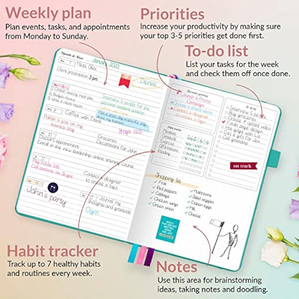 GoGirl Planner and Organizer for Women - A5 Size Weekly Planner, Goals Journal & Agenda to Improve Time Management, Productivity & Live Happier. Undated - Start Anytime, Lasts 1 Year - Turquoise
