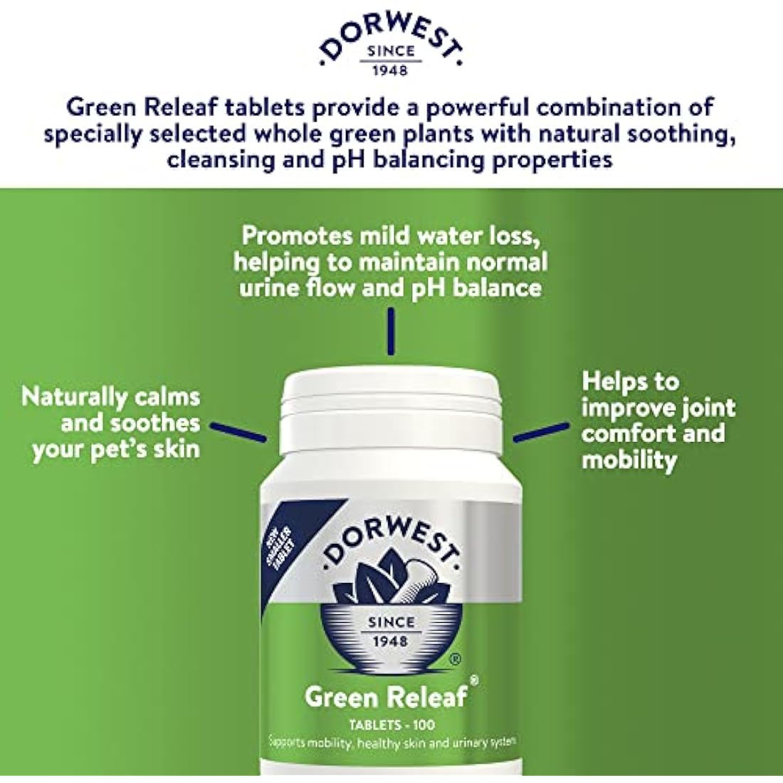 Dorwest Green Releaf Tablets, 100 Tablets, Natural Supplements for Dogs and Cats – For Healthier Skin, Joints, and Urinary Systems in Pets