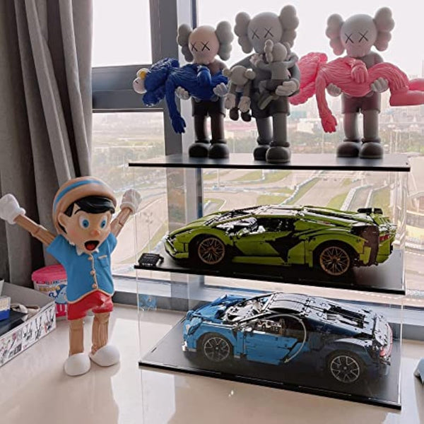 Nynelly 2 Shelf Acrylic Display Case for Lego Cars (Porsche 911, McLaren P1, Ferrari SP3, Bugatti Chiron, Lamborghini), 1/8 Diecast Model Cars - Assemble Dustproof Display Box with Door(Black)