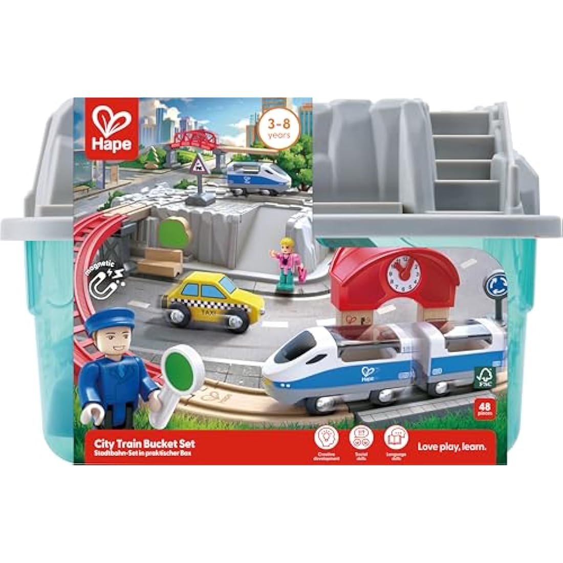 Hape City Railway and Train Bucket Set Toy with storage box that forms part of the scene, Ages 3 and up