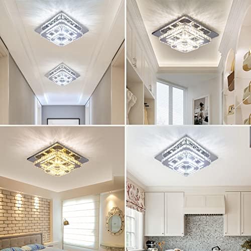 Finktonglan Crystal LED Chandelier Ceiling Light, Modern Square Ceiling Lamp Flush Mount Crystal Lights Fixture for Dining Room Hallway Bedroom Kitchen Hotel Foyer Living Room, Color Changeable