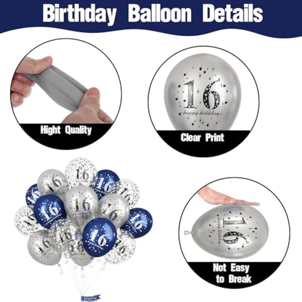 16th Birthday Decorations Boys, Pack of 15 Happy 16th Birthday Balloons Latex Helium Navy Blue Silver Confetti Balloons for Age Sixteen 16 Years Old Birthday Party Decorations Celebration Supplies