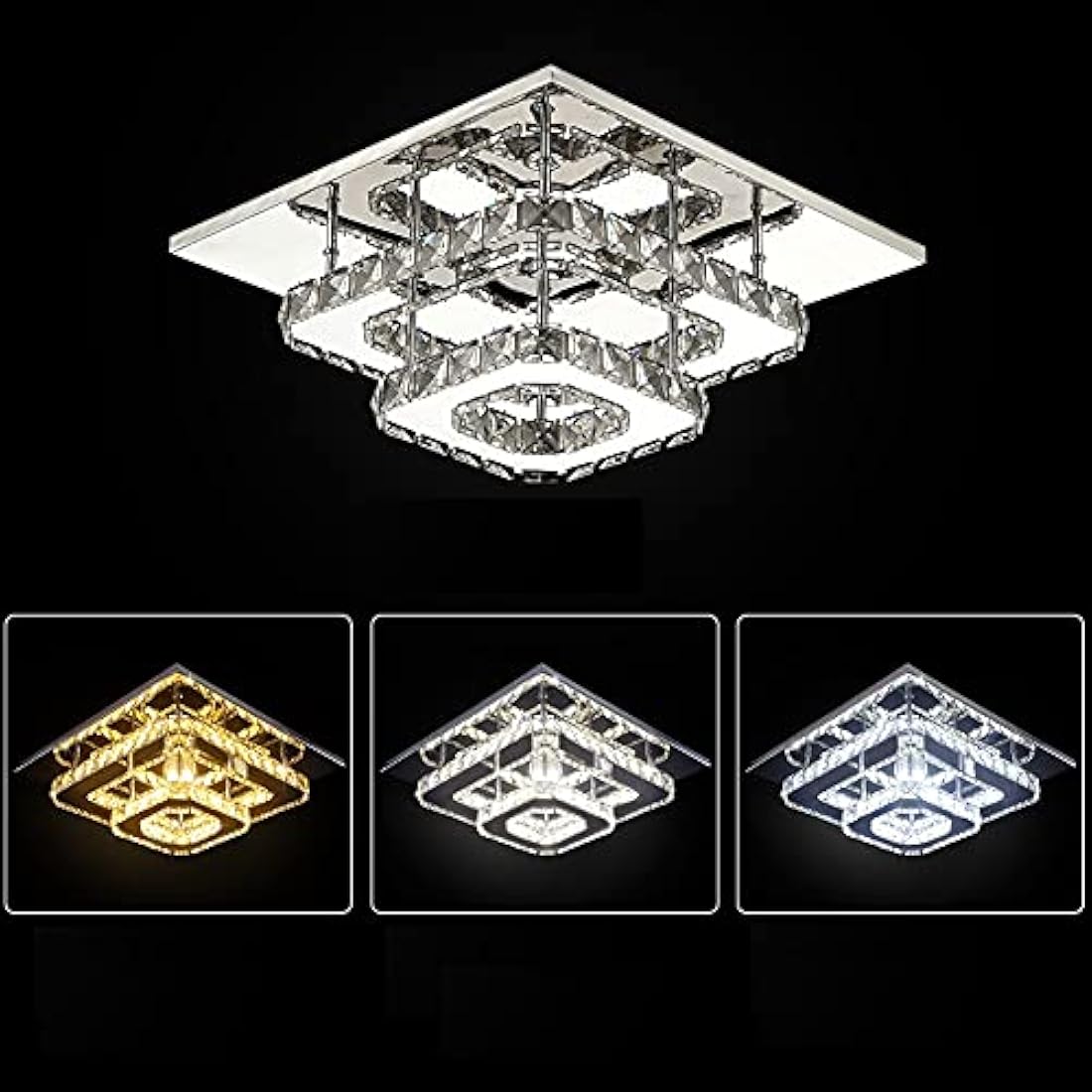Finktonglan Crystal LED Ceiling Light, Ceiling Crystal Lamp Stainless Steel K9 Modern Flush Mount Lights Fixture Square Chandelier Ceiling Lamp for Dining Room Living Room Bedroom (Multicolor)