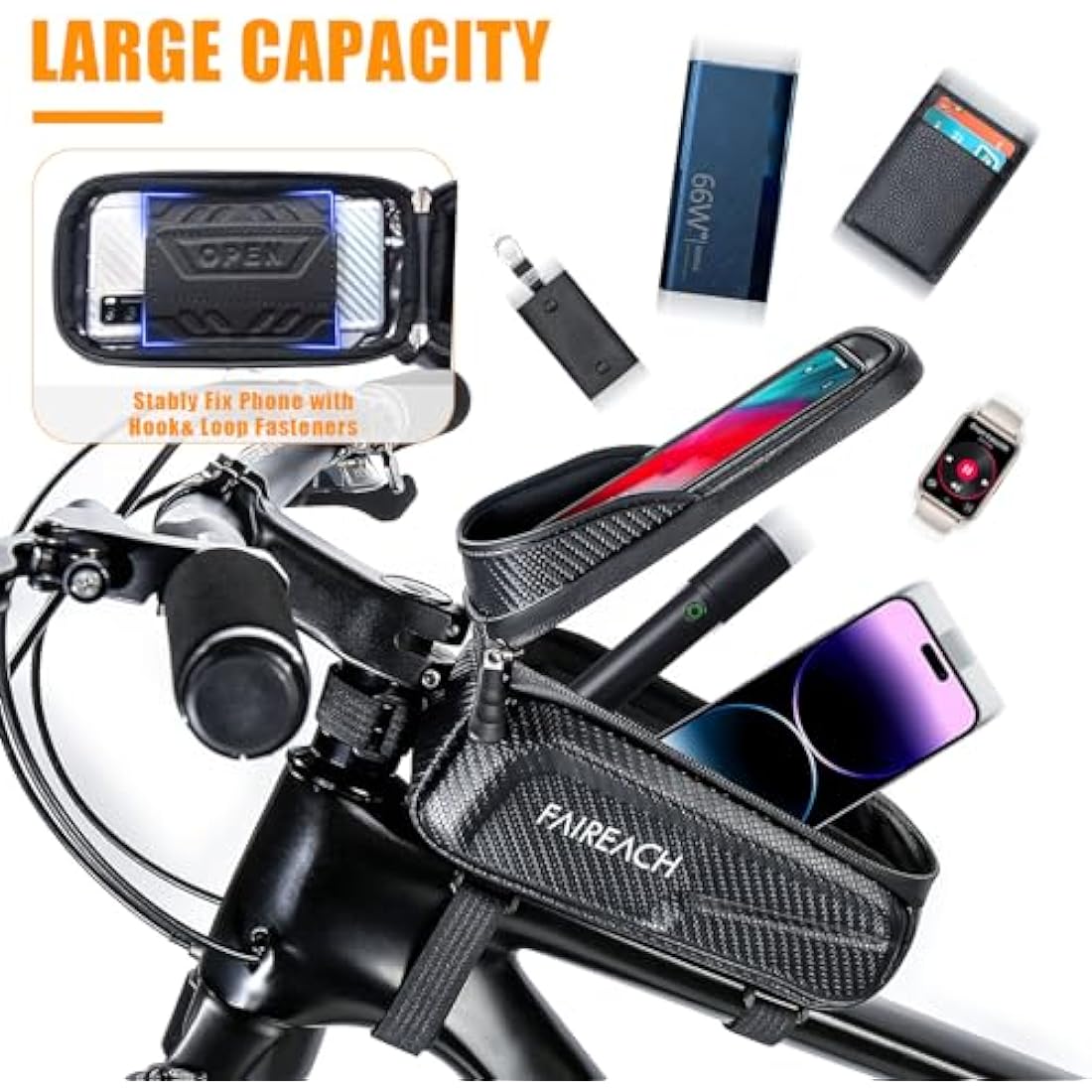 Faireach Bike Handlebar Bag with Mobile Phone Holder, Bicycle Frame Top Tube Pouch, Waterproof Cycle Cell Phone Mount with Touch Screen Window, for iPhone Samsung Smart Phone up to 6.8''