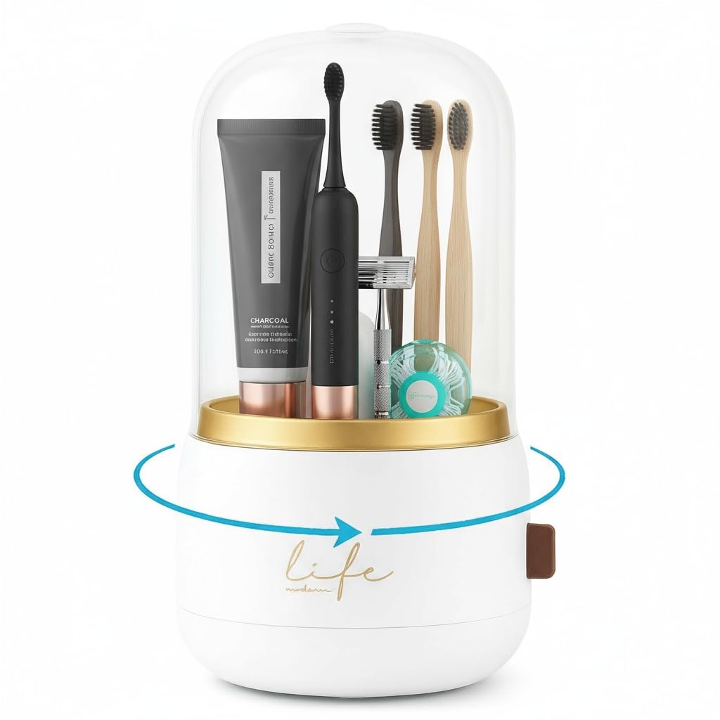 Bigingjia Toothbrush Holder for Bathroom ? 7 Slot Rotating Electric Toothbrush and Toothpaste Stand with Sliding Lid, Waterproof Draining Bathroom