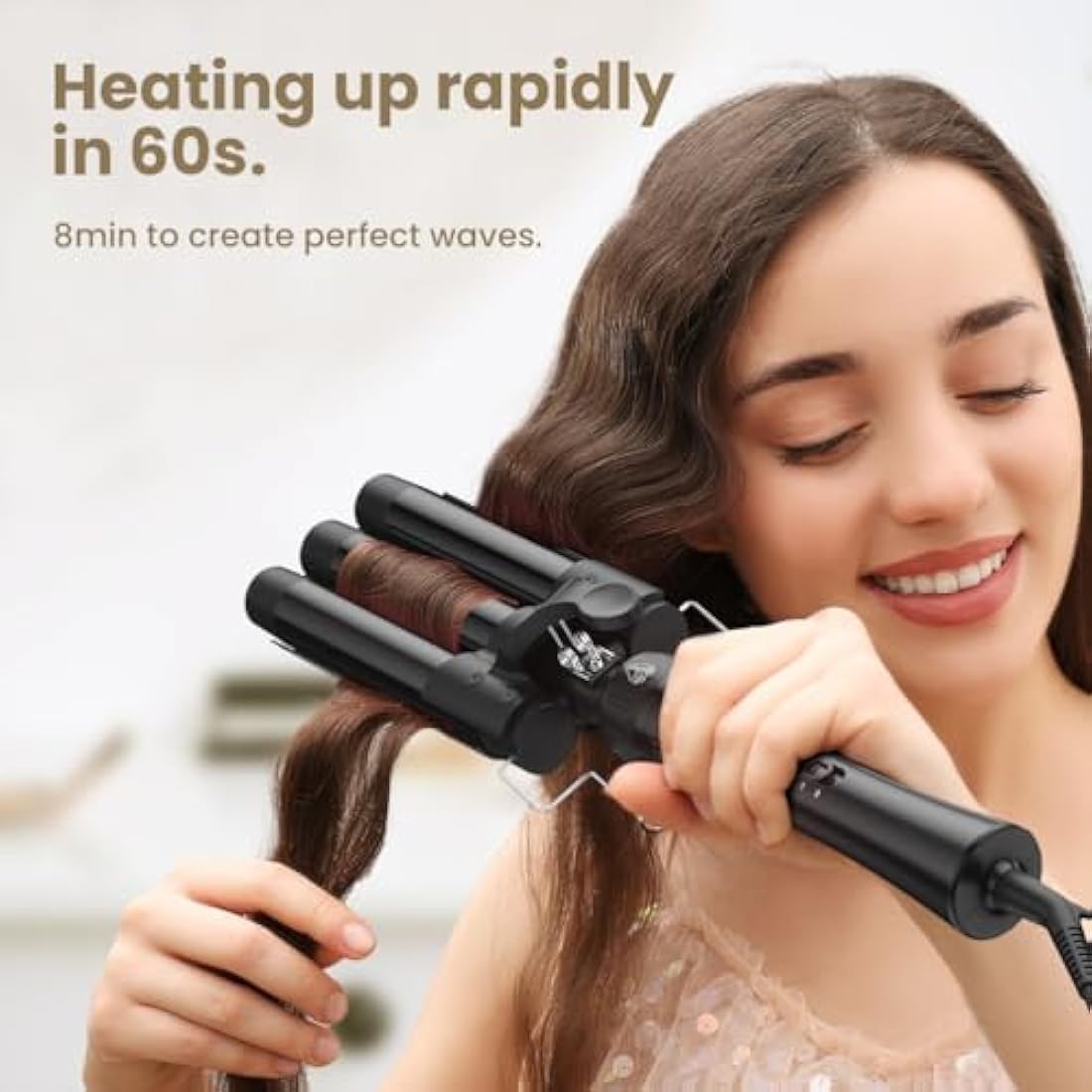 Hair Waver Curling Wand Iron Tong, Chopstick, 5 in 1 Hair Curler for Long Hair 10mm-32mm with 2 Crocodile Clips 1 Anti-Scald Silicone Gloves, PTC Ceramic Triple Barrels LCD 180°C & 210°C