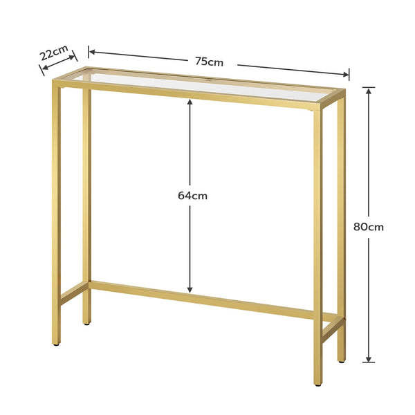 HOOBRO Console Table, Tempered Glass Sofa Table, Gold Slim Hallway Table, 75 x 22 x 80 cm, for Living Room, Entryway, Hallway, Metal Frame, Sturdy,