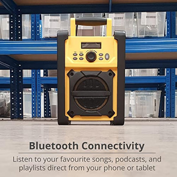 Ex-Pro Job Site FM Radio with Bluetooth, IPX5 Water Resistant Portable Heavy Duty Speaker with AUX In, 20 Presets & Carry Handle, Battery or Mains Powered - Yellow