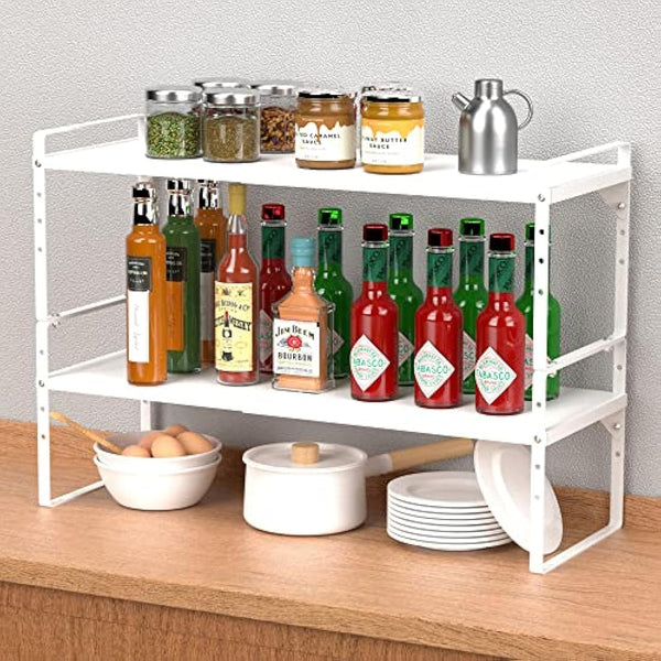 iPEGTOP 2 Pack Expandable Cabinet Storage Shelf Organizer Rack, Heavy Duty Steel Metal Spice Rack Adjustable Height Home Office Pantry Shelf Space for Counter Kitchen Organization, White, Medium