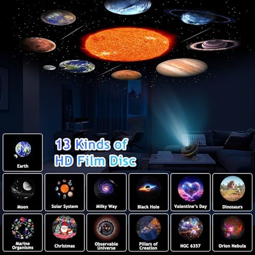 ALLOMN 13 in 1 Galaxy Projector for Bedroom, Planetarium Star Projector with 13 Film Discs & 6 RGB Light Effects, Starry Sky Projectors Planetarium Night Light with Timer for Adults Kids Birthday