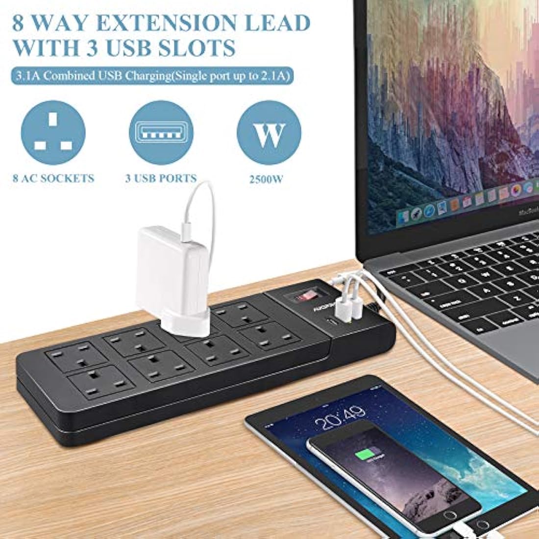 8 Way Extension Lead 3M, Multiple Plug Power Strip with 3 USB Charging Slots, Black Mains Socket Extension, Wall Mountable, Switched, 3 Metre Long Power Cord for Desktop PC TV Home Office, 2500W/10A