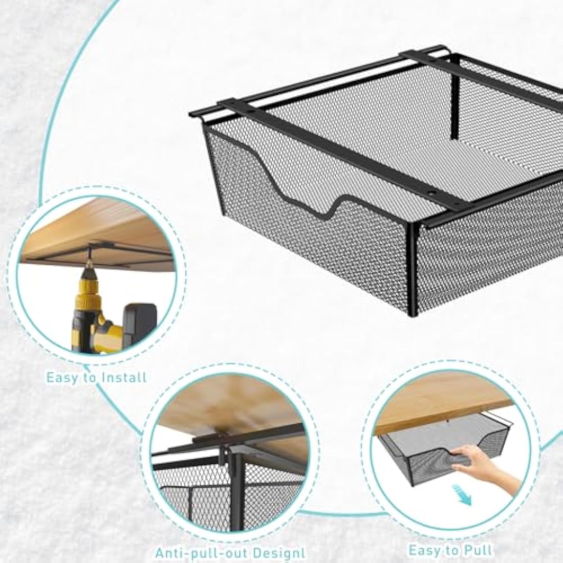 2 Pack Pull Out Basket Storage Under Shelf , Under Cabinet Hanging Drawer, Metal Wire Mesh Storage Basket Organizer for Kitchen, Office, Wardrobes, Cupboard Storage Black