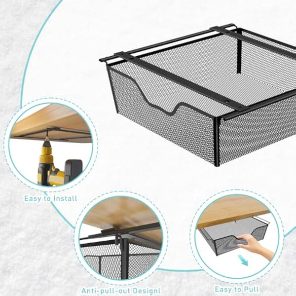 2 Pack Pull Out Basket Storage Under Shelf , Under Cabinet Hanging Drawer, Metal Wire Mesh Storage Basket Organizer for Kitchen, Office, Wardrobes, Cupboard Storage Black