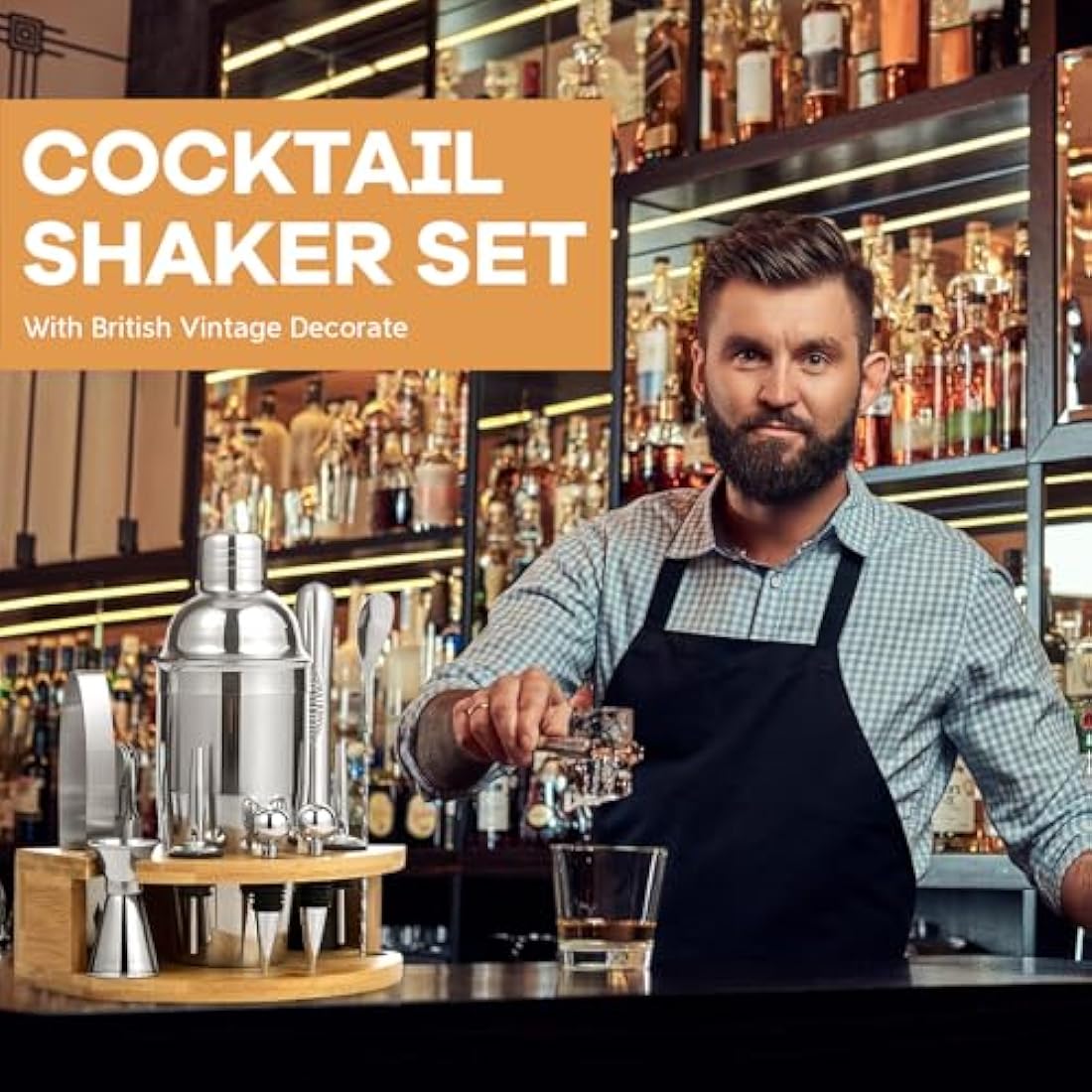 12-Piece Bartender Cocktail Shaker Set, 750 ml Stainless Steel Boston Cocktail Shaker, Perfect Cocktail Set with Wooden Stand for Home, Bar & Party Gift