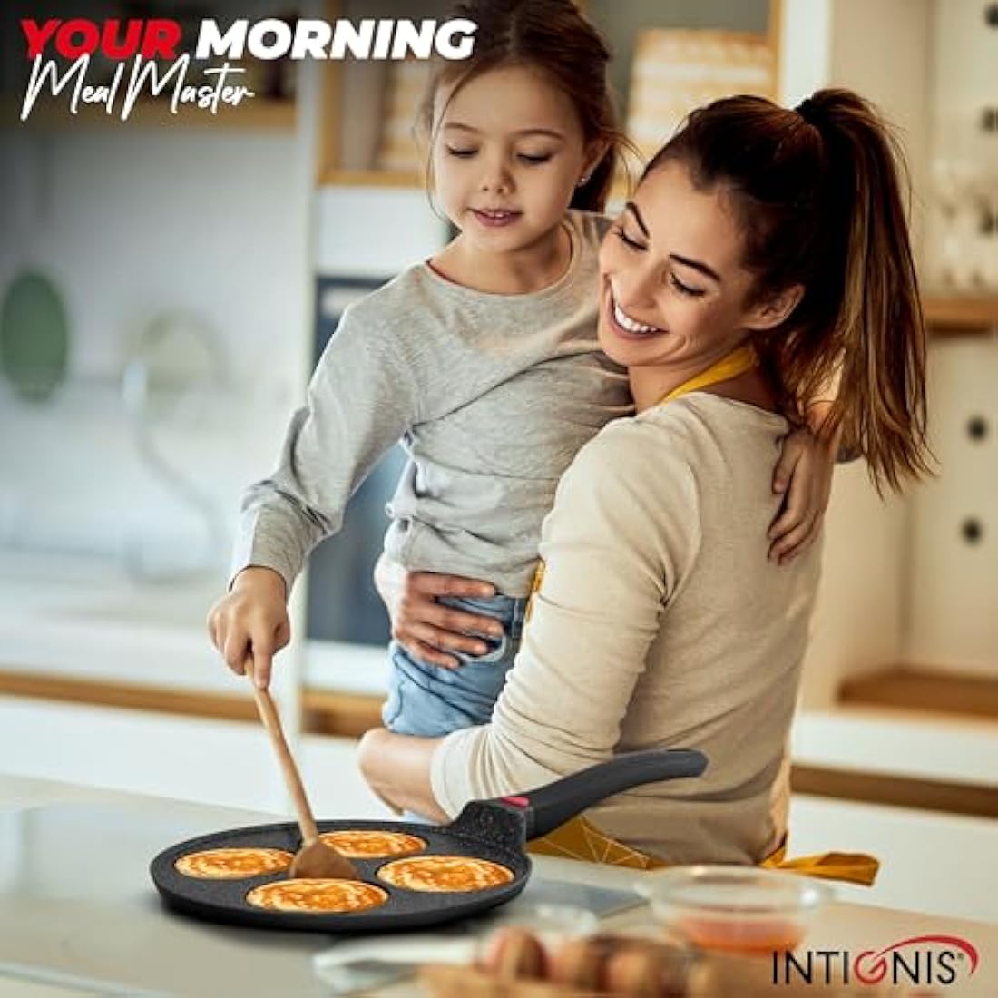 INTIGNIS® Non-Stick Pancake Pan - Multi Hole Mini Pancake Maker, 4 Hole American Style Crepe & Pancake Pan for Perfect Individual Pancakes, Frying Eggs, Uthappam, Induction Compatible (4 - Fix)